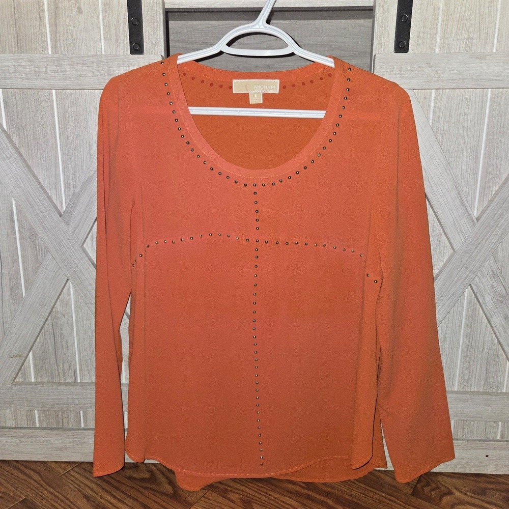 Michael Kors Orange Long Sleeve High Low Gold Studs Blouse Womens Small